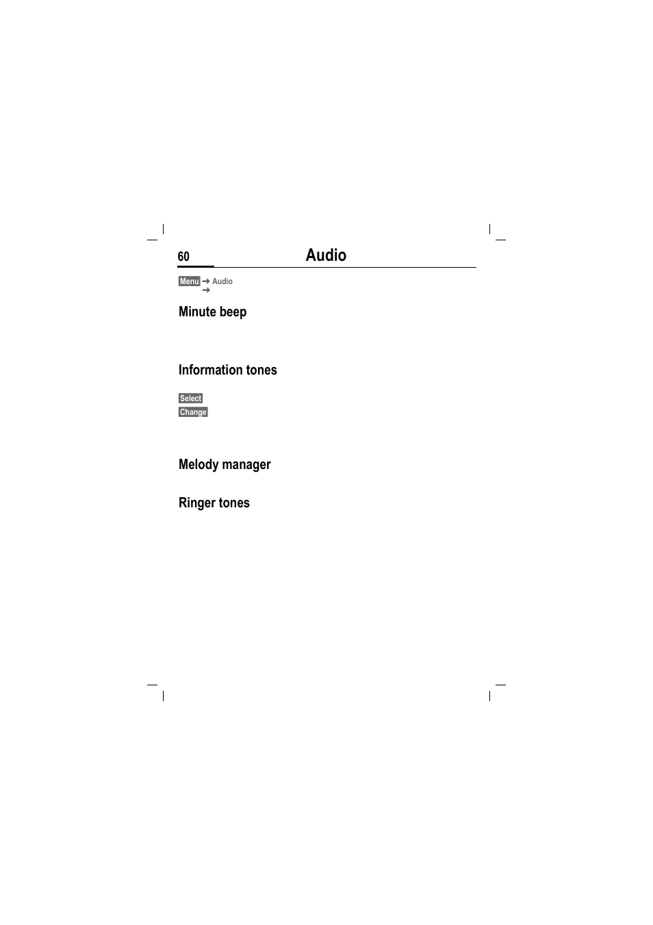 Audio, Minute beep, Information tones | Melody manager, Ringer tones | Siemens MT50 User Manual | Page 62 / 96