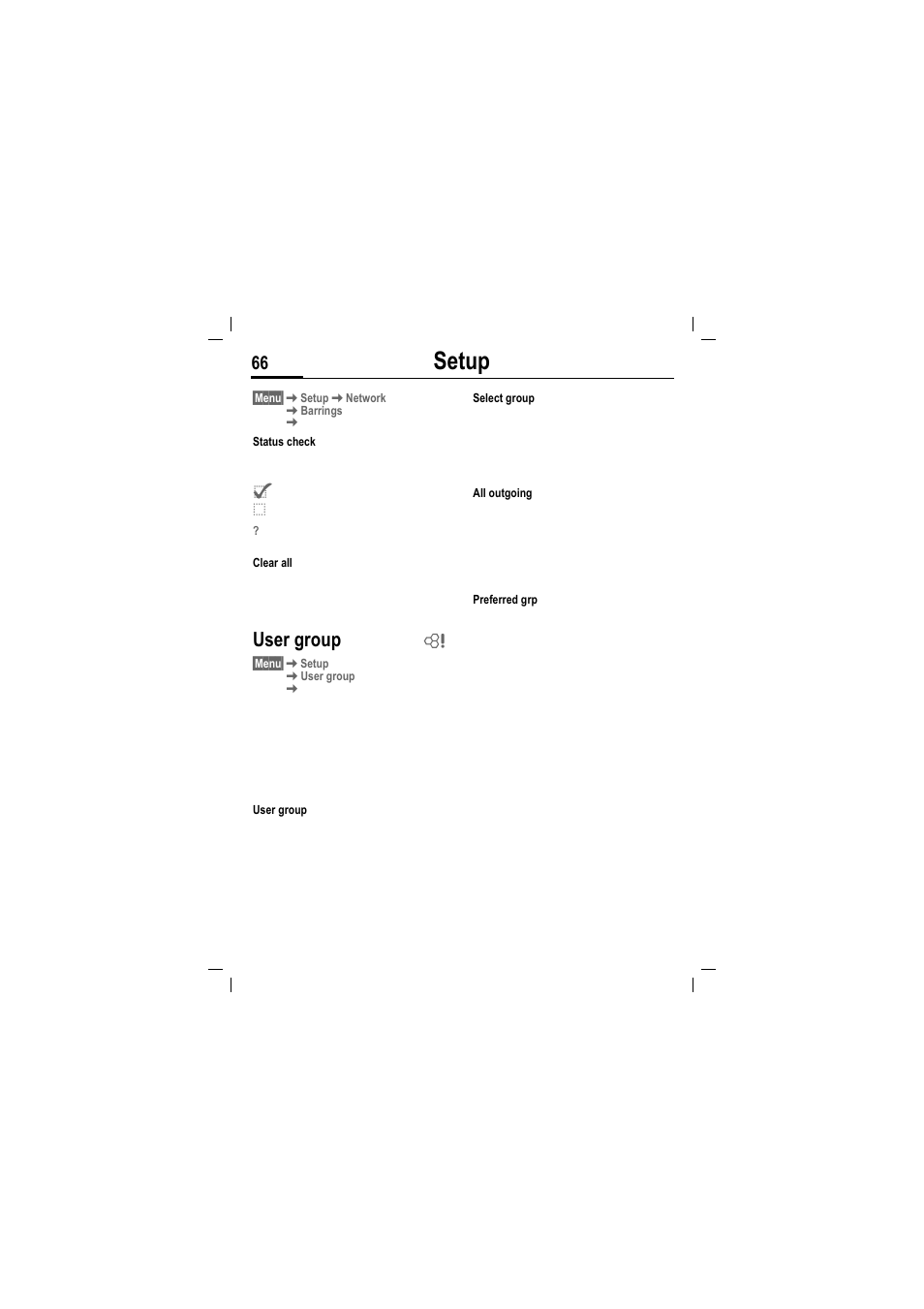 Setup, User group | Siemens MT50 User Manual | Page 68 / 96