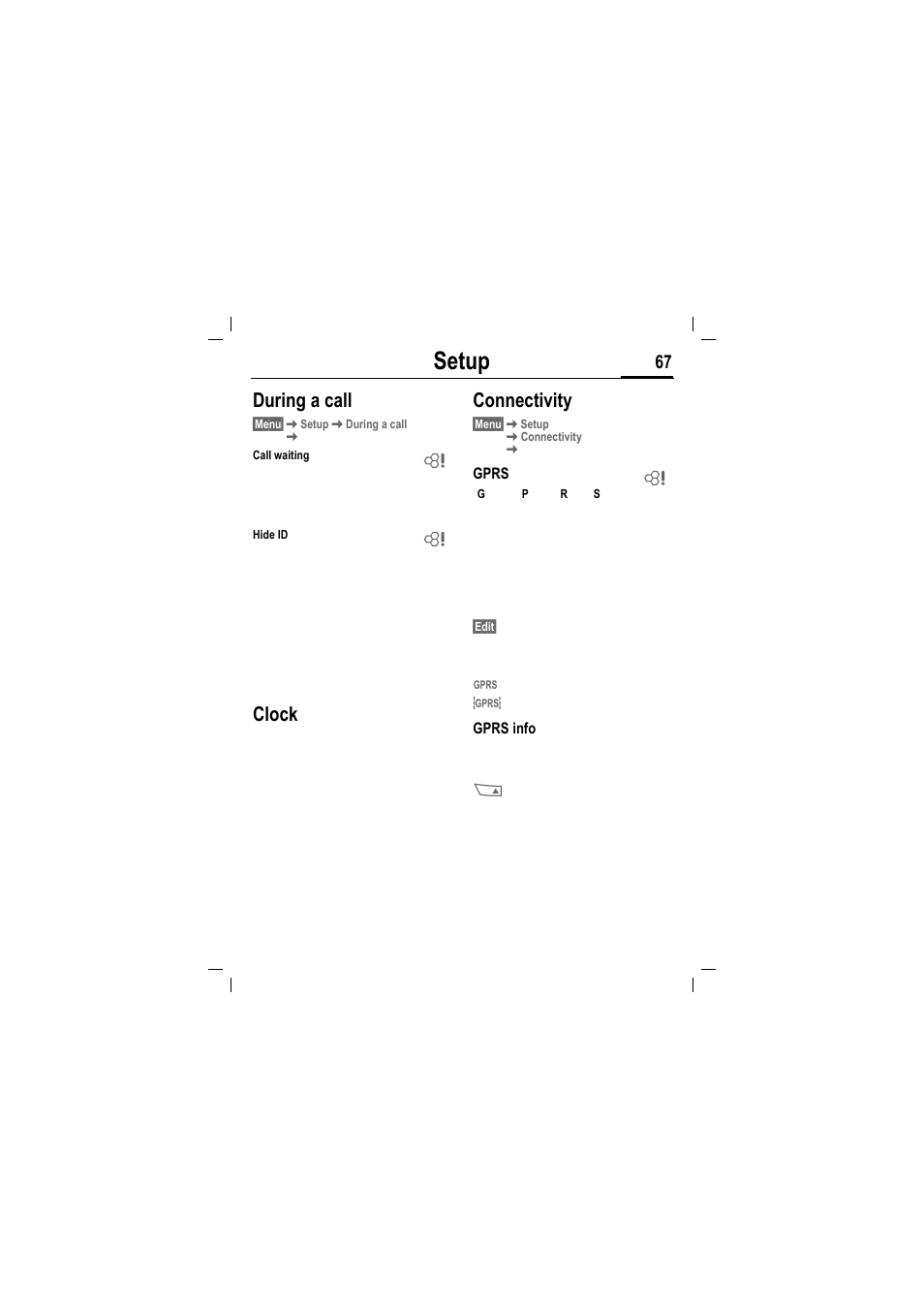 Setup, During a call, Clock | Connectivity | Siemens MT50 User Manual | Page 69 / 96