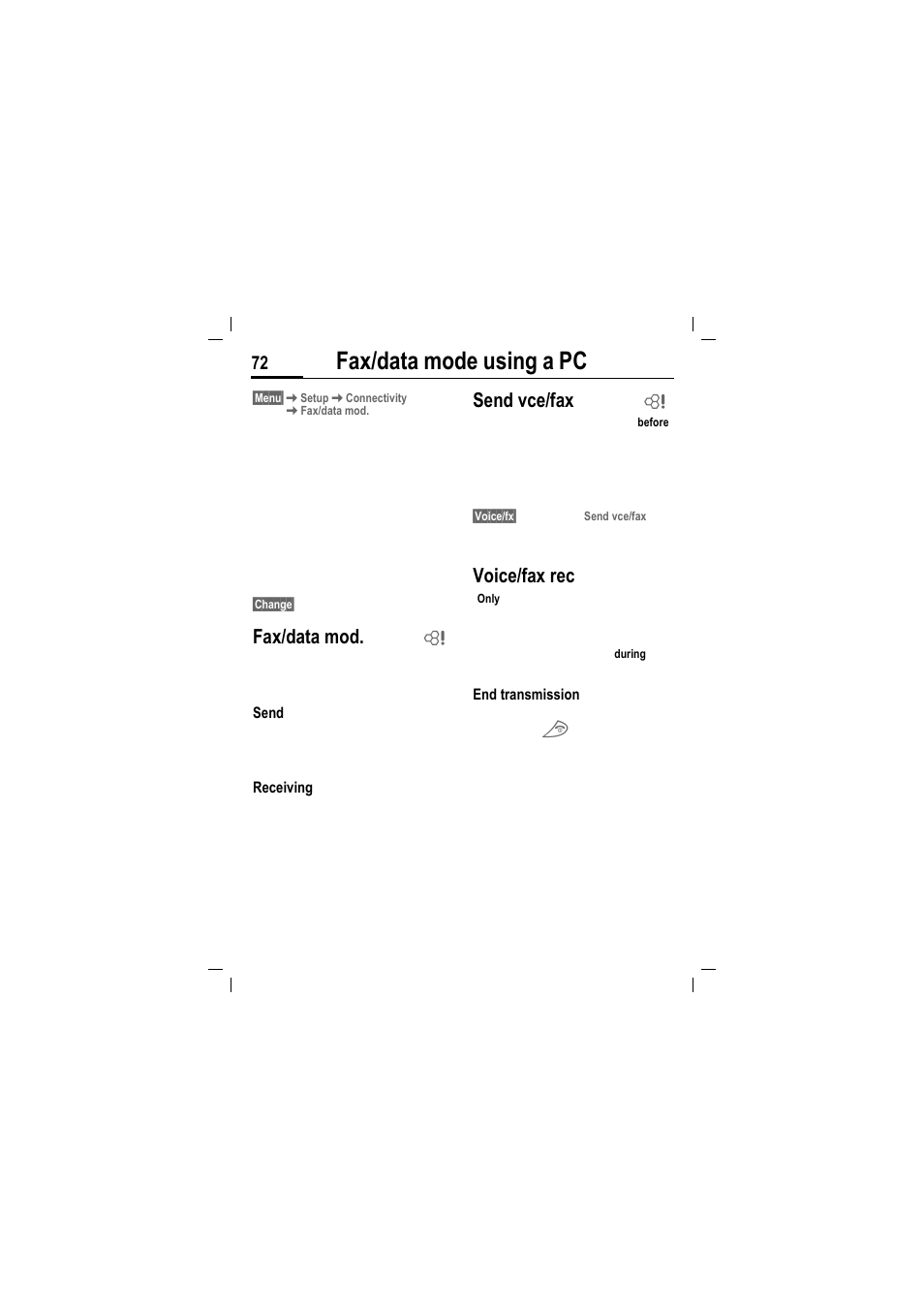 Fax/data mode using a pc, Fax/data mod, Send vce/fax | Voice/fax rec | Siemens MT50 User Manual | Page 74 / 96