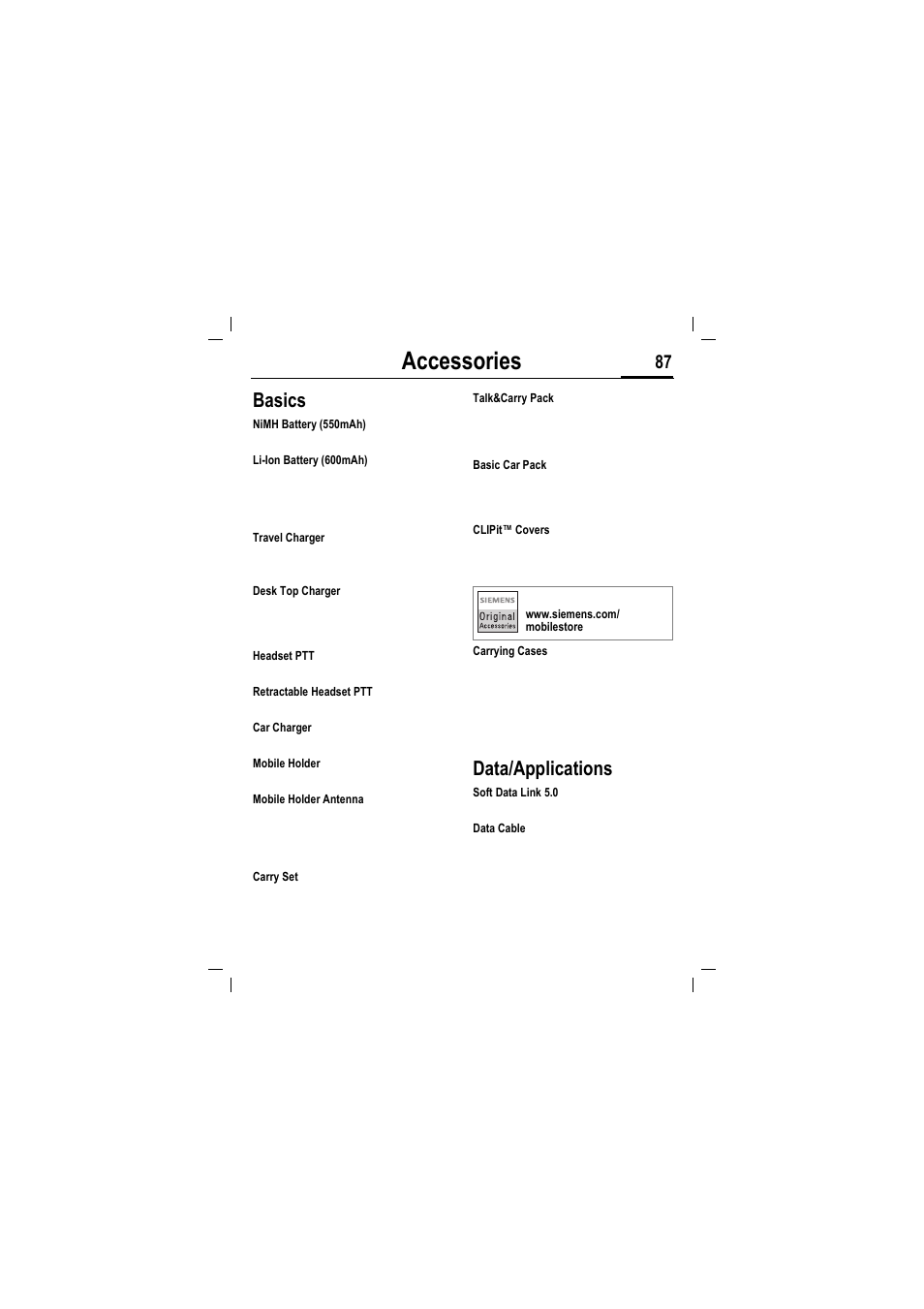 Accessories, Basics, Data/applications | Siemens MT50 User Manual | Page 89 / 96