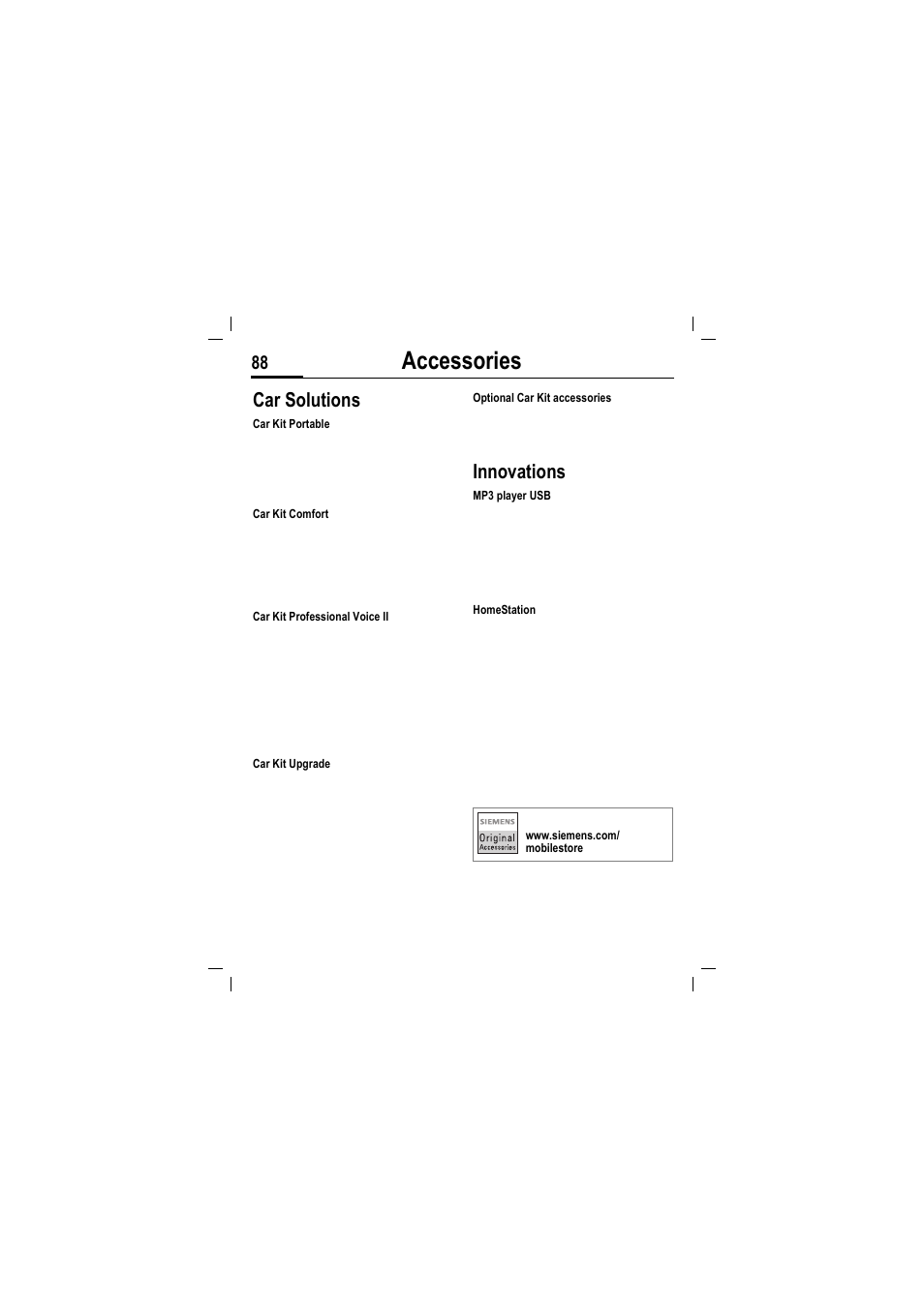 Accessories, Car solutions, Innovations | Siemens MT50 User Manual | Page 90 / 96