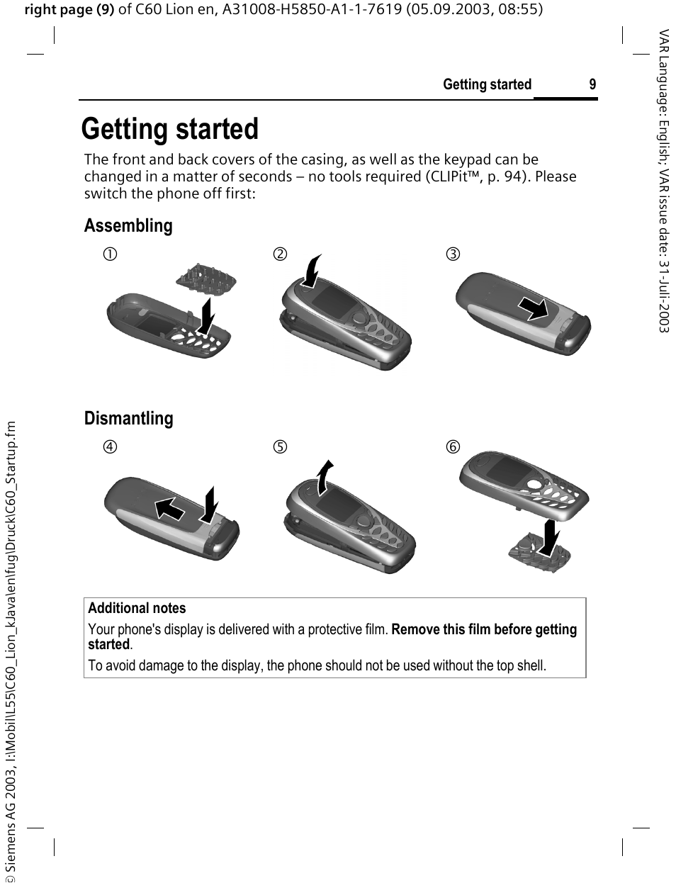 Getting started, Assembling dismantling | Siemens C60 User Manual | Page 10 / 112