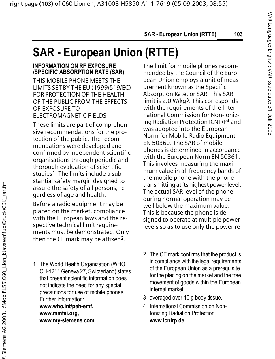 Sar - european union (rtte) | Siemens C60 User Manual | Page 104 / 112