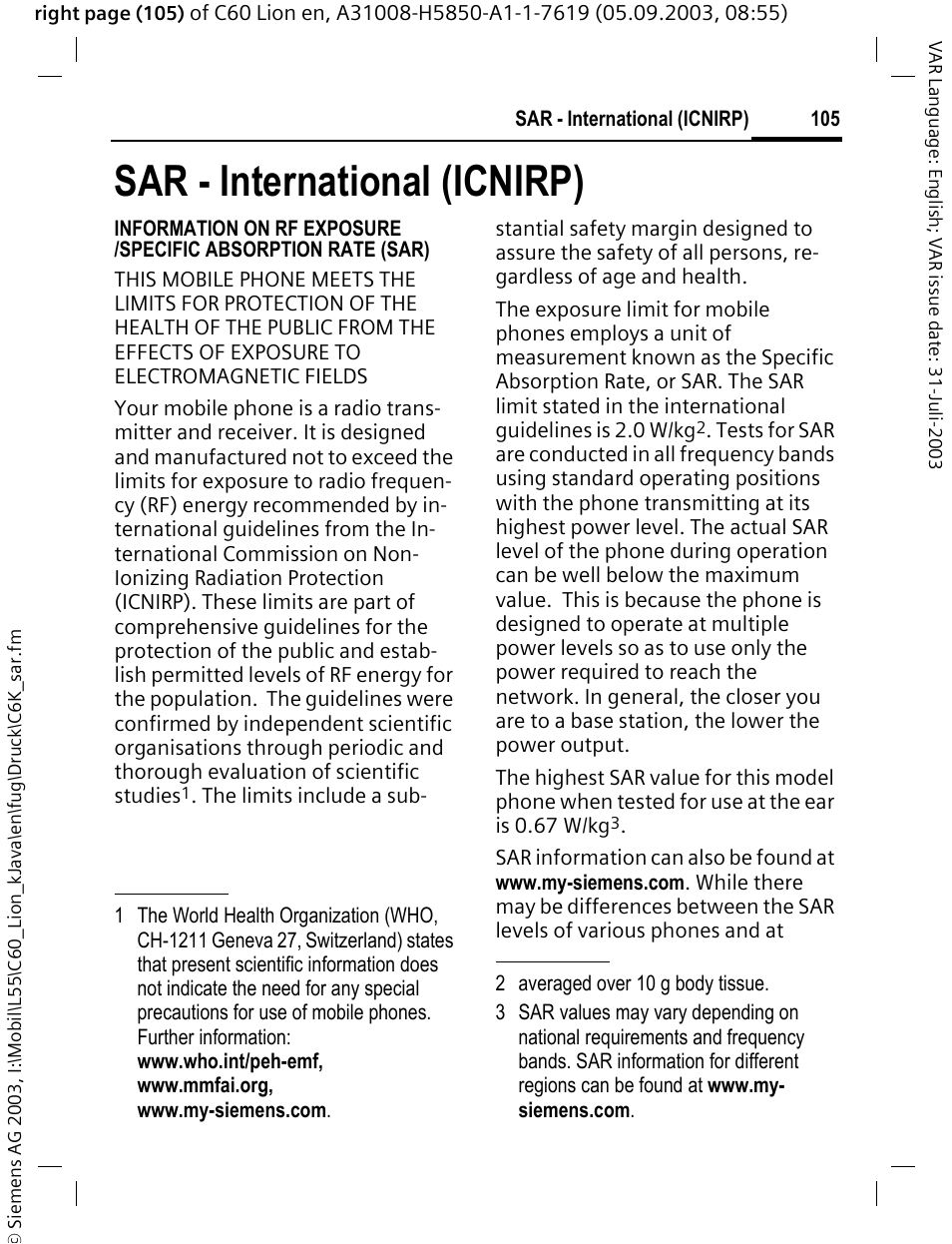 Sar - international (icnirp) | Siemens C60 User Manual | Page 106 / 112