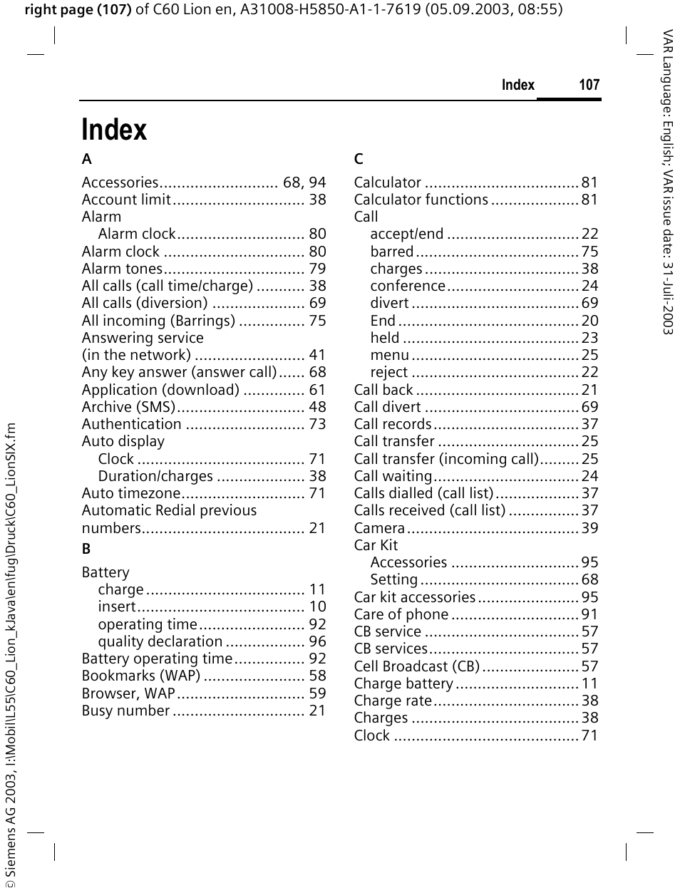 Index | Siemens C60 User Manual | Page 108 / 112