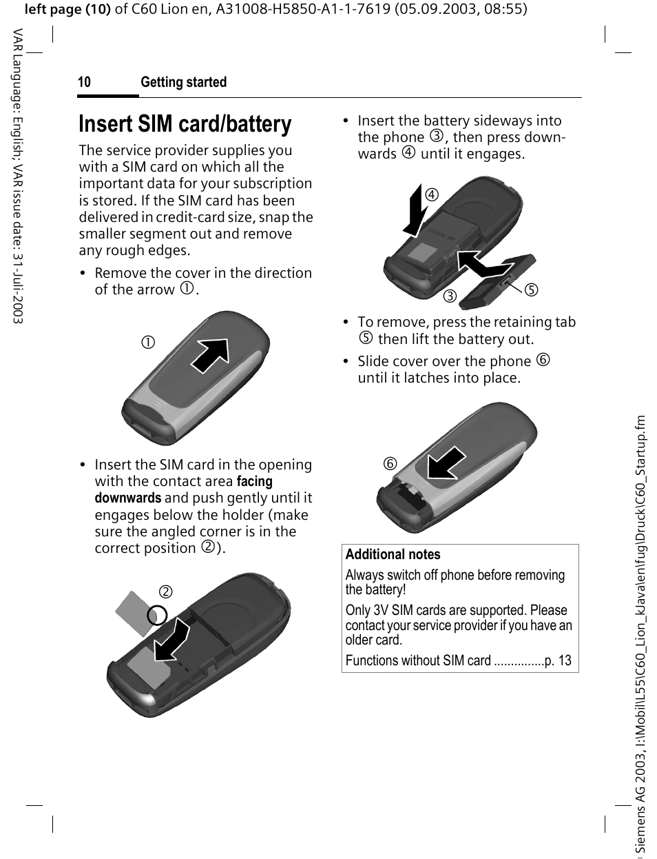 Insert sim card/battery | Siemens C60 User Manual | Page 11 / 112