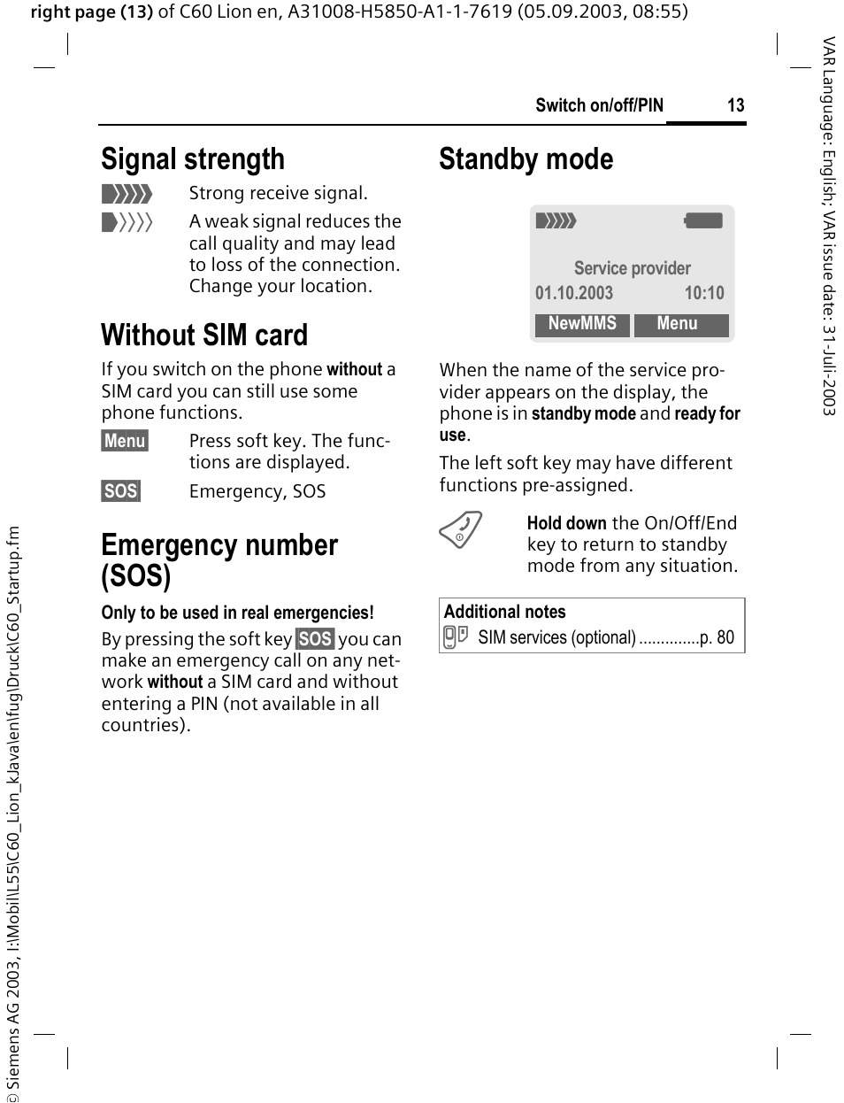 Without sim card, Standby mode, Signal strength | Emergency number (sos) | Siemens C60 User Manual | Page 14 / 112
