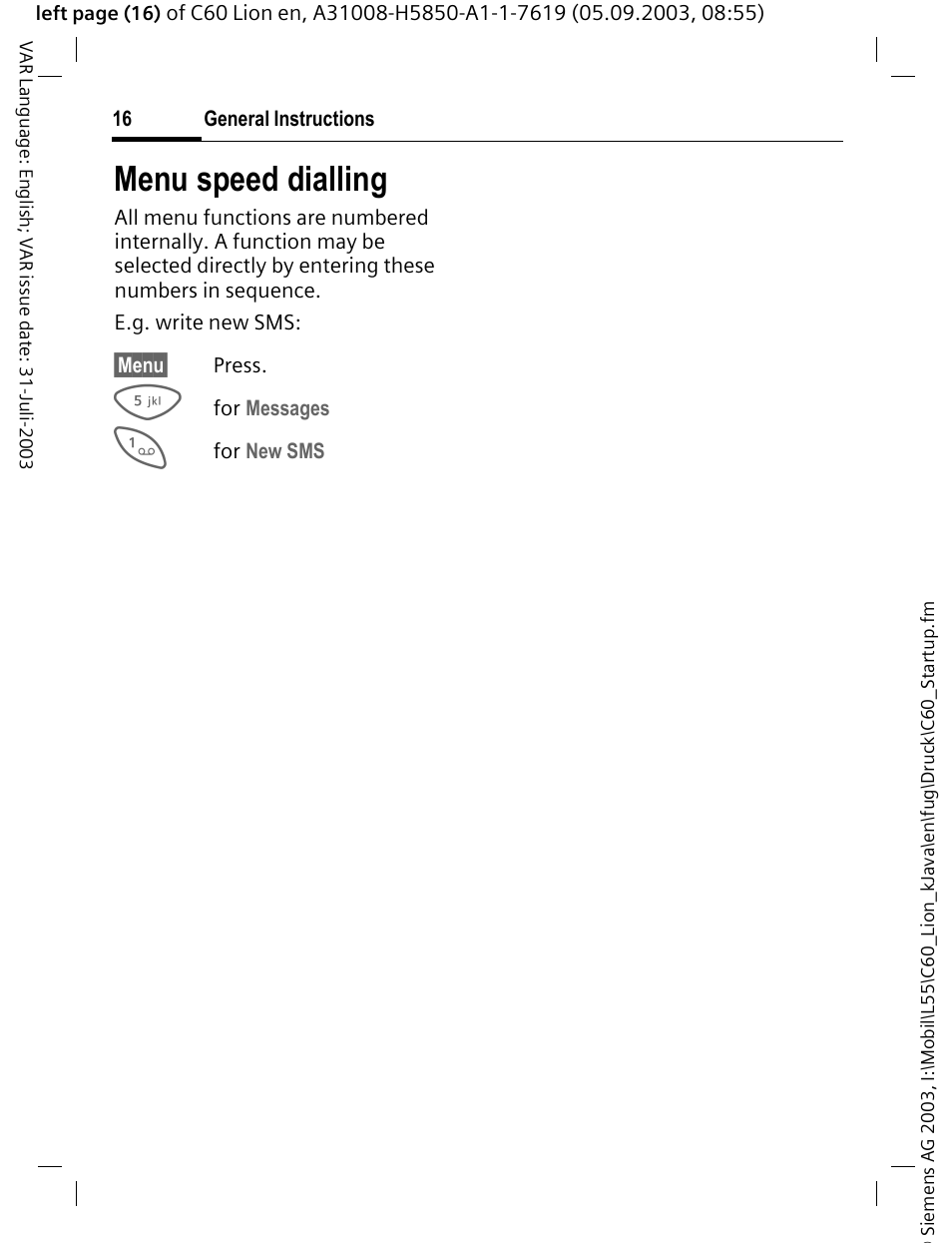Menu speed dialling | Siemens C60 User Manual | Page 17 / 112