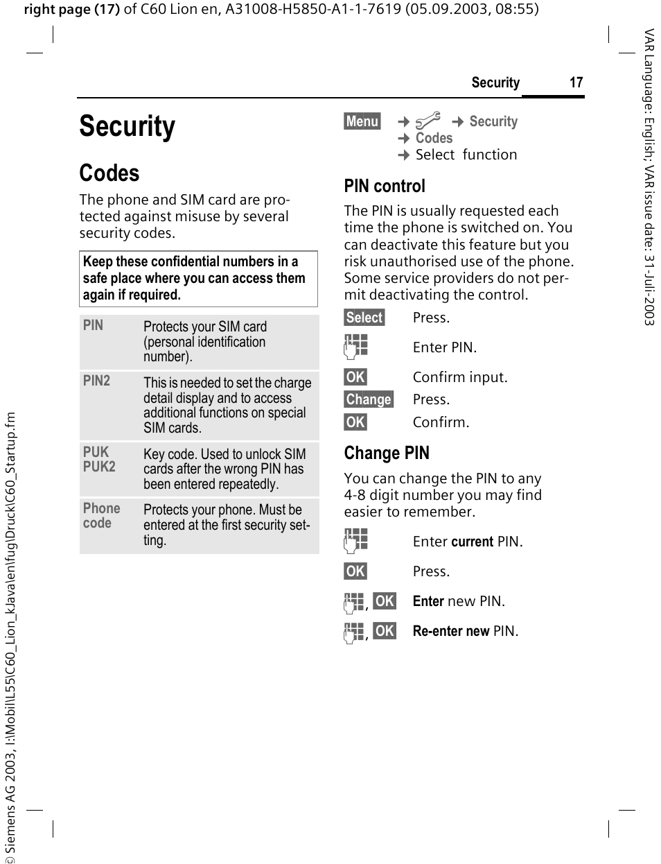 Security, Codes, Pin control | Change pin | Siemens C60 User Manual | Page 18 / 112