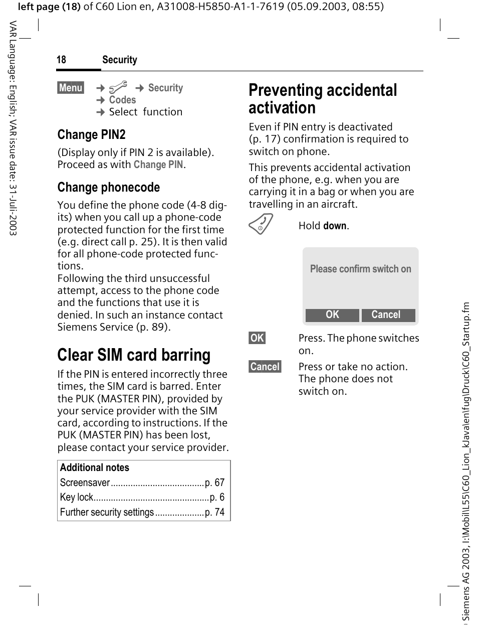 Preventing accidental activation, Clear sim card barring, Change pin2 | Change phonecode | Siemens C60 User Manual | Page 19 / 112