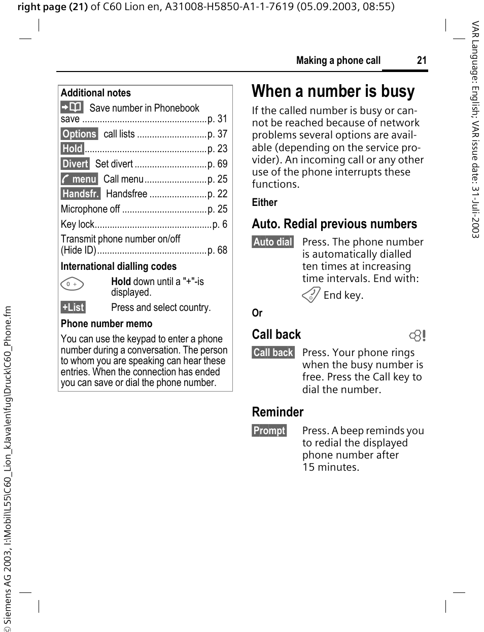 When a number is busy, Auto. redial previous numbers, Call back b | Reminder | Siemens C60 User Manual | Page 22 / 112