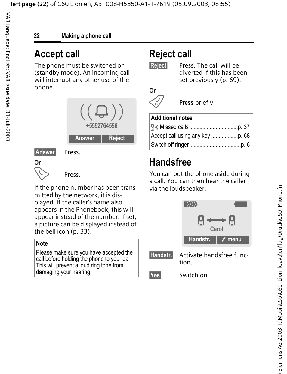 Accept call, Reject call, Handsfree | P. 22 | Siemens C60 User Manual | Page 23 / 112