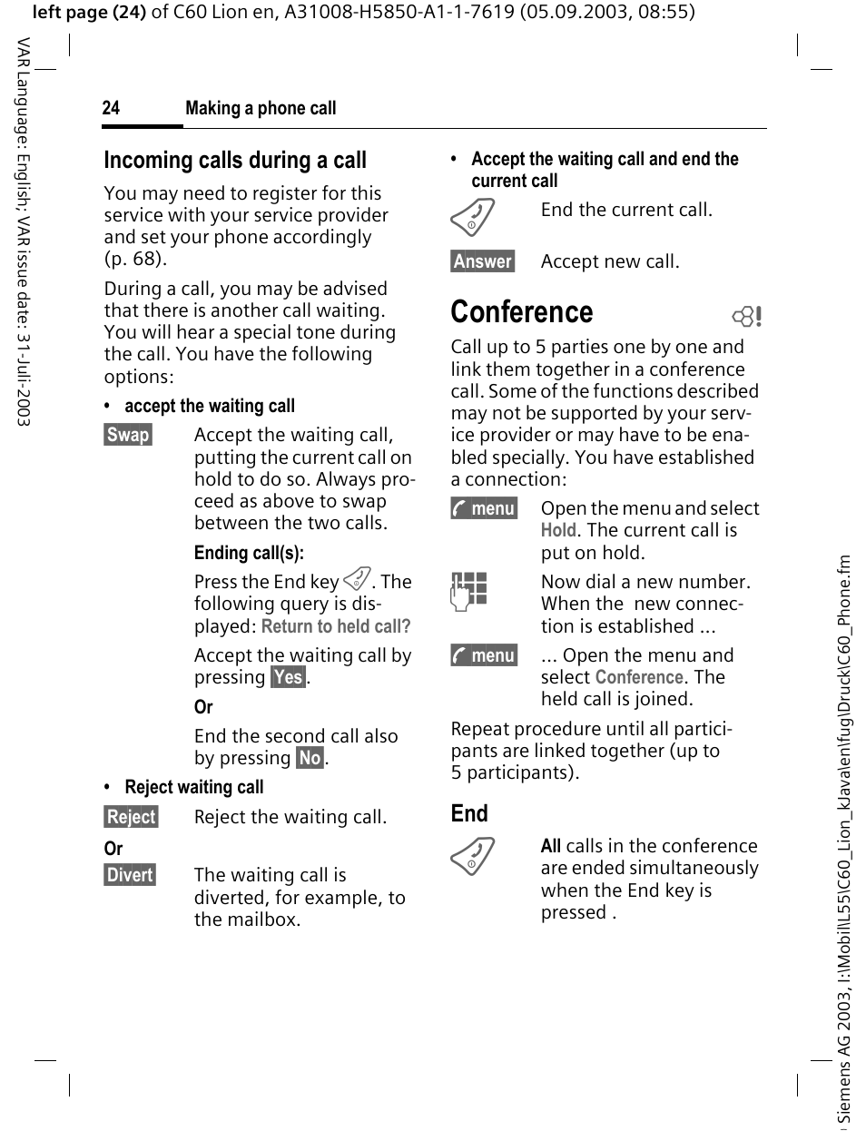 Conference b, Conference, Incoming calls during a call | Siemens C60 User Manual | Page 25 / 112