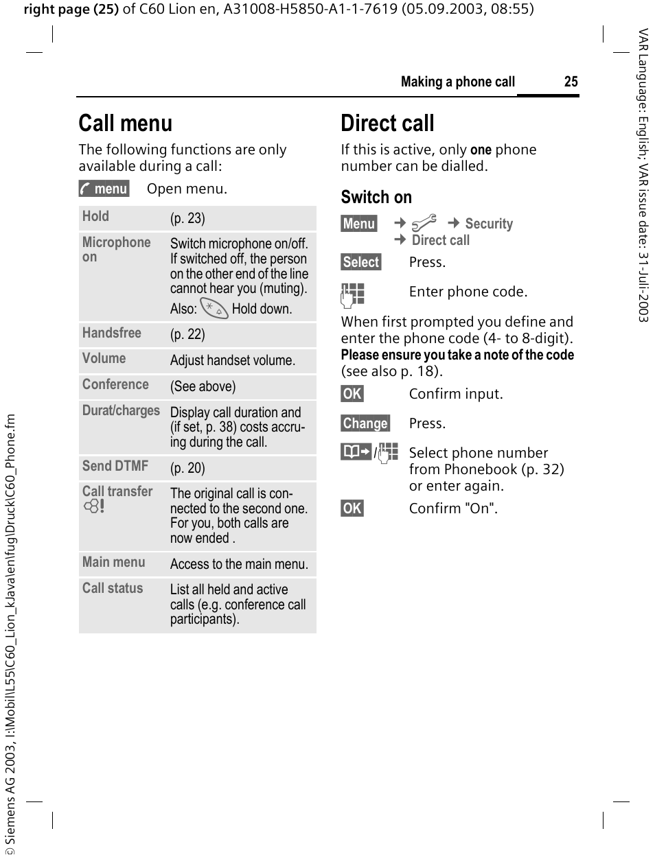 Direct call, P. 25), P. 25 | Call menu, Switch on | Siemens C60 User Manual | Page 26 / 112