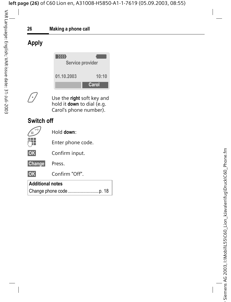 Apply, Switch off | Siemens C60 User Manual | Page 27 / 112