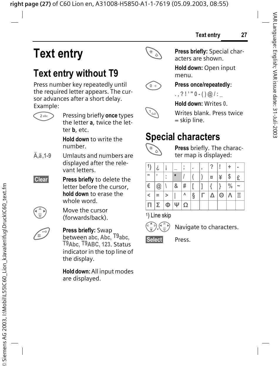 Text entry, Text entry without t9, Special characters | Siemens C60 User Manual | Page 28 / 112