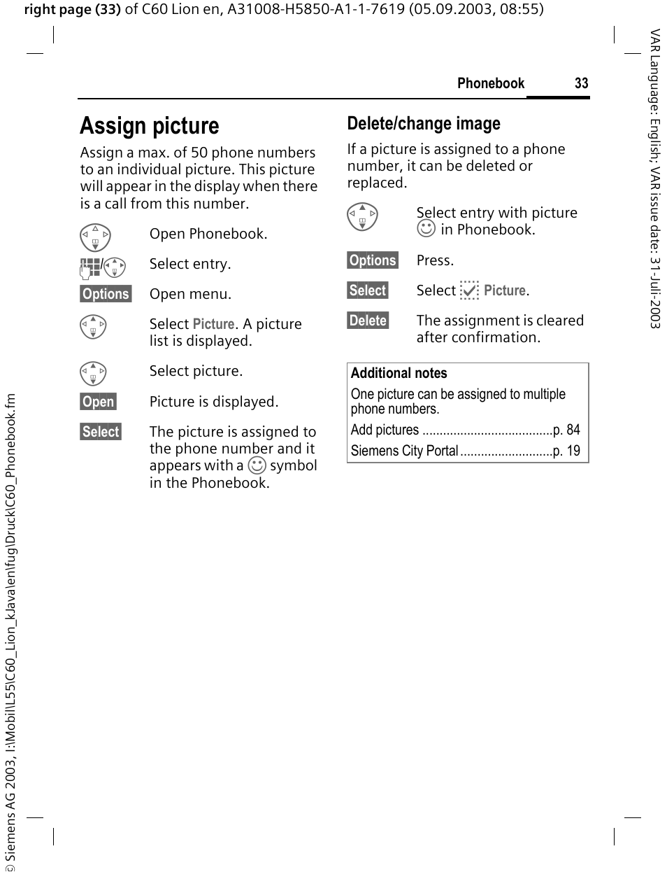Assign picture, P. 33), Delete/change image | Siemens C60 User Manual | Page 34 / 112