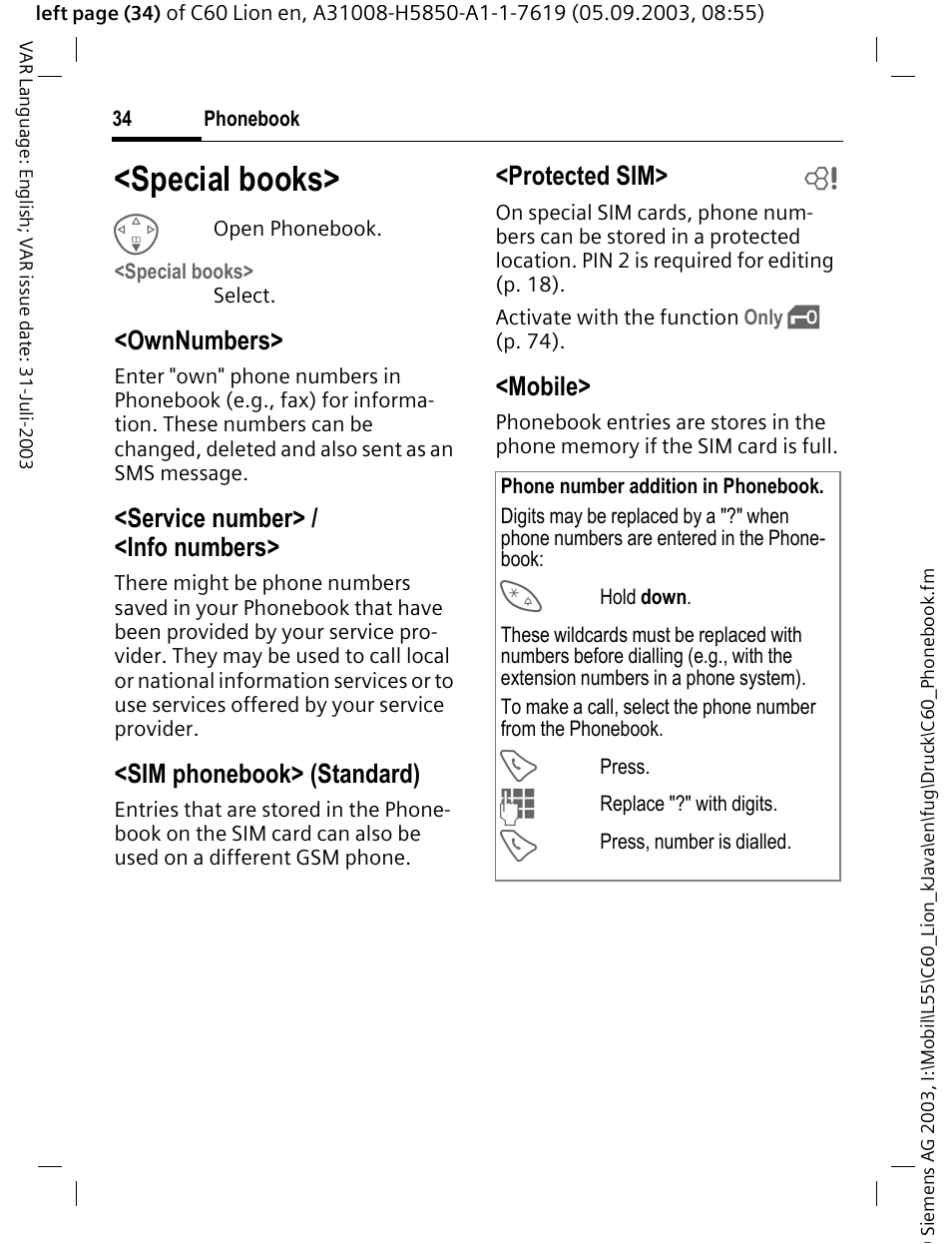 Special books, P. 34), Ownnumbers | Service number> / <info numbers, Sim phonebook> (standard), Protected sim> b, Mobile | Siemens C60 User Manual | Page 35 / 112