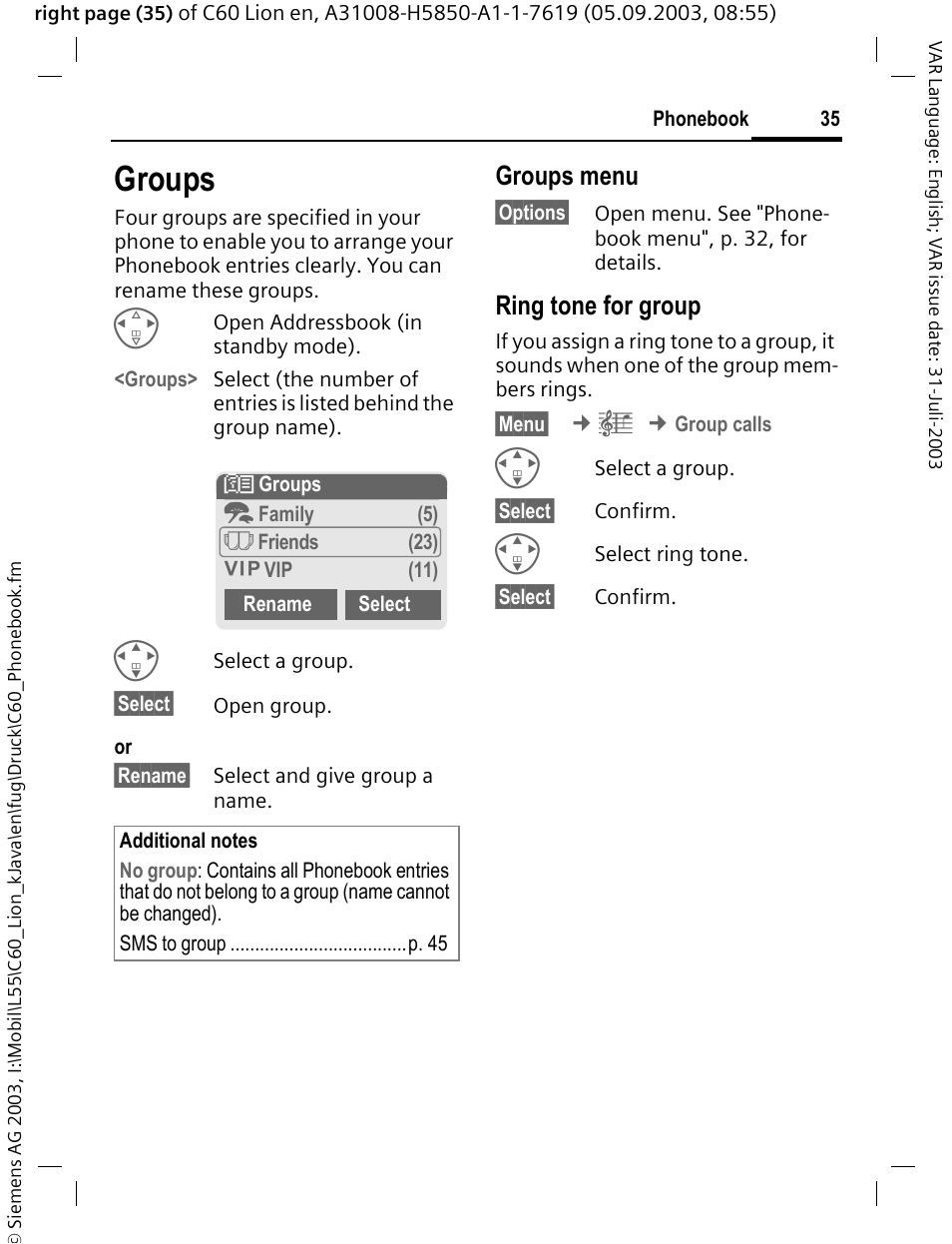 Groups, P. 35) e, Groups menu | Ring tone for group | Siemens C60 User Manual | Page 36 / 112