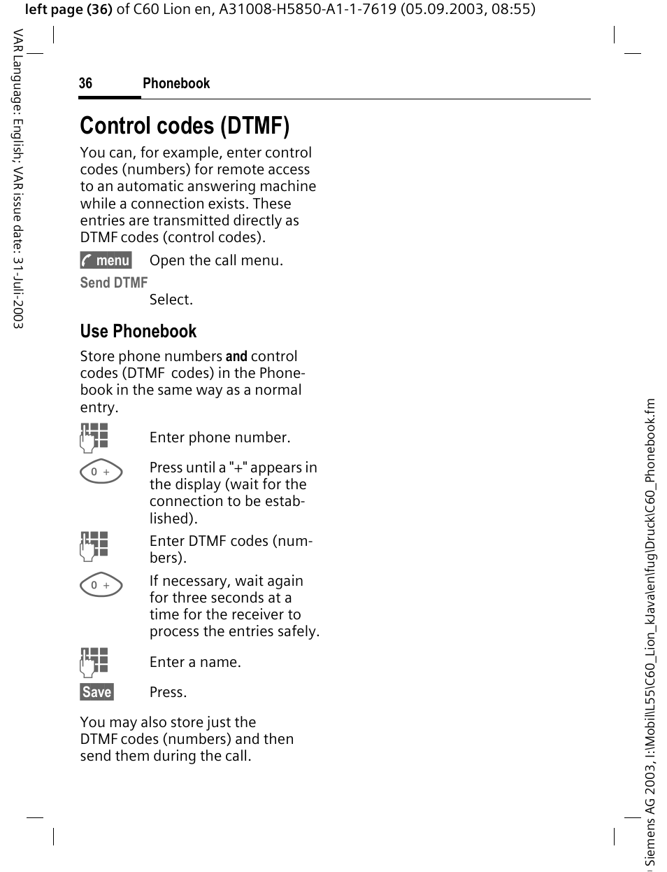 Control codes (dtmf), P. 36, Use phonebook | Siemens C60 User Manual | Page 37 / 112