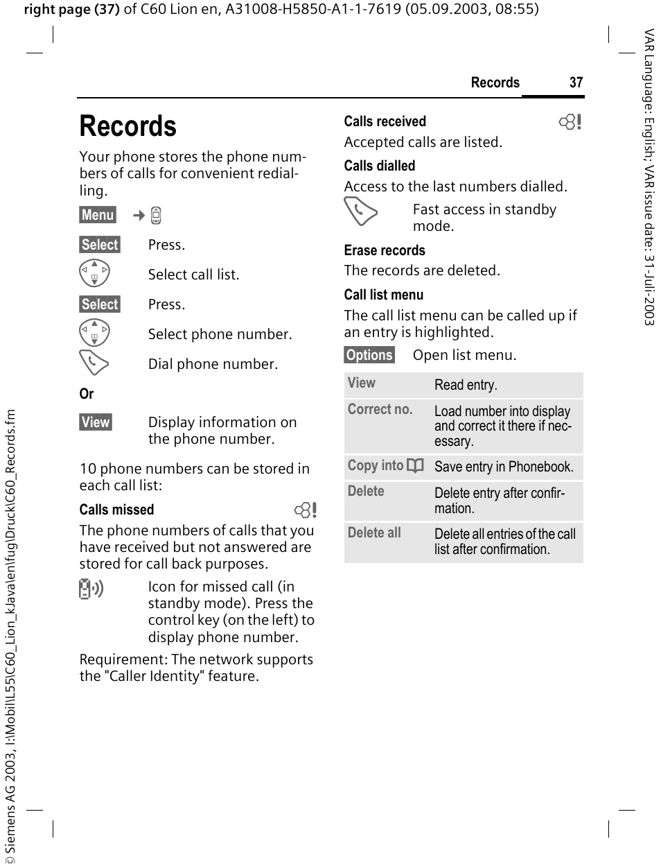 Records, P. 37 | Siemens C60 User Manual | Page 38 / 112