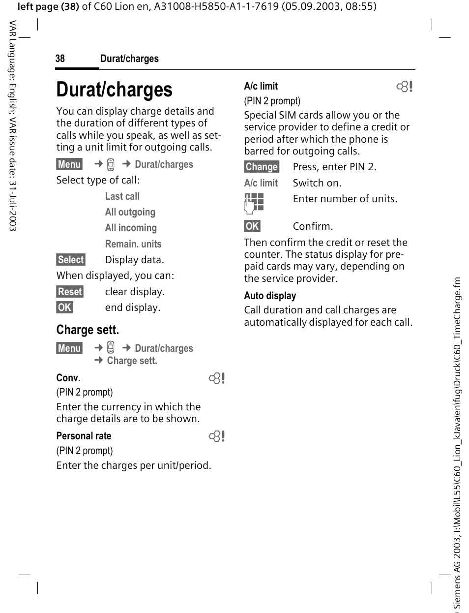 Durat/charges, P. 38), Charge sett | Siemens C60 User Manual | Page 39 / 112