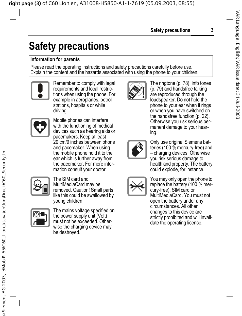 Safety precautions | Siemens C60 User Manual | Page 4 / 112