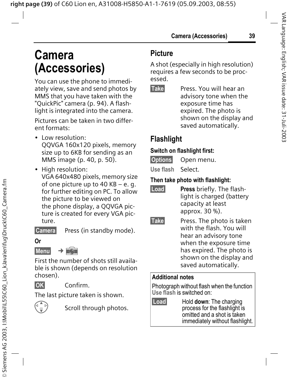 Camera (accessories), Picture, Flashlight | Siemens C60 User Manual | Page 40 / 112