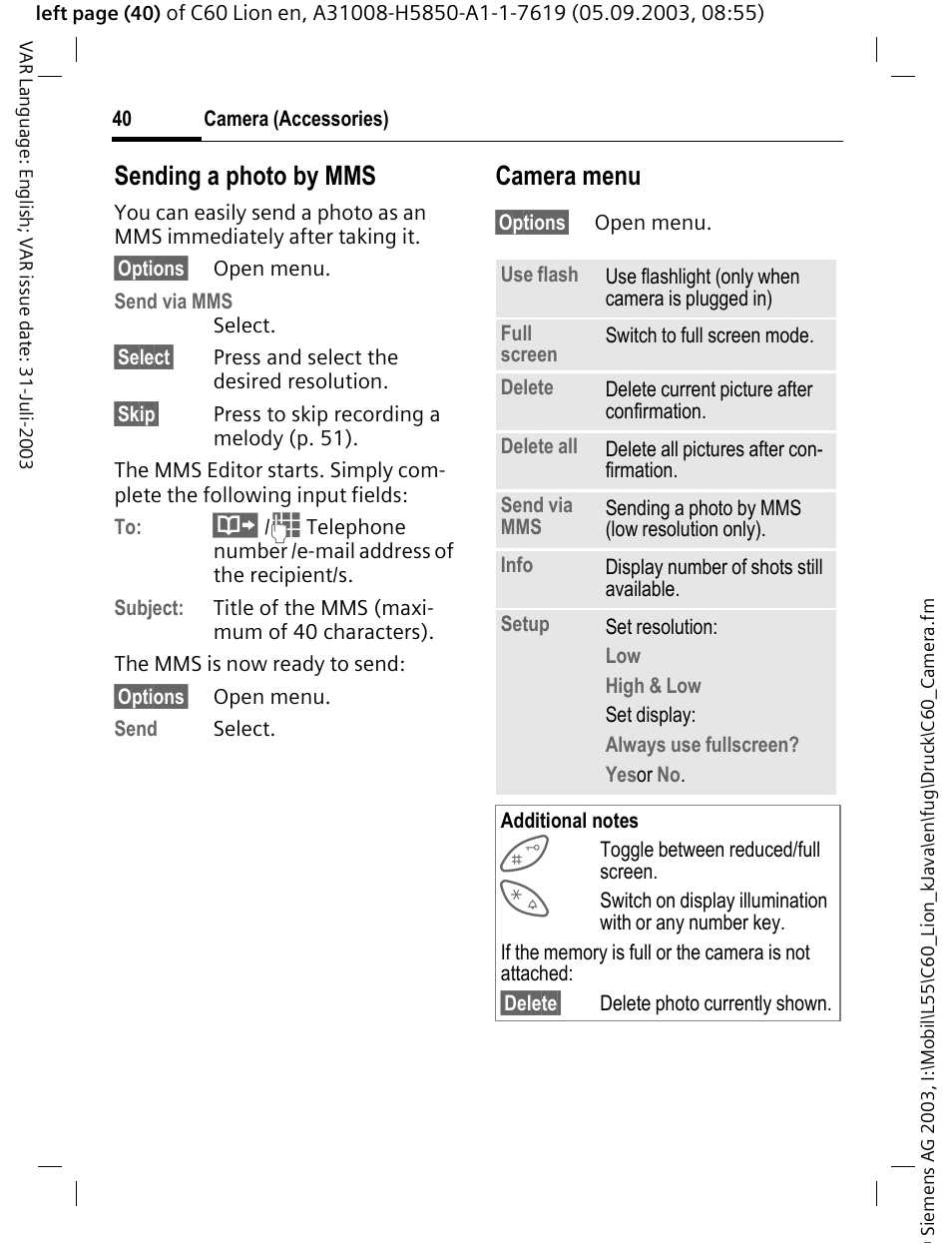 Sending a photo by mms, Camera menu | Siemens C60 User Manual | Page 41 / 112