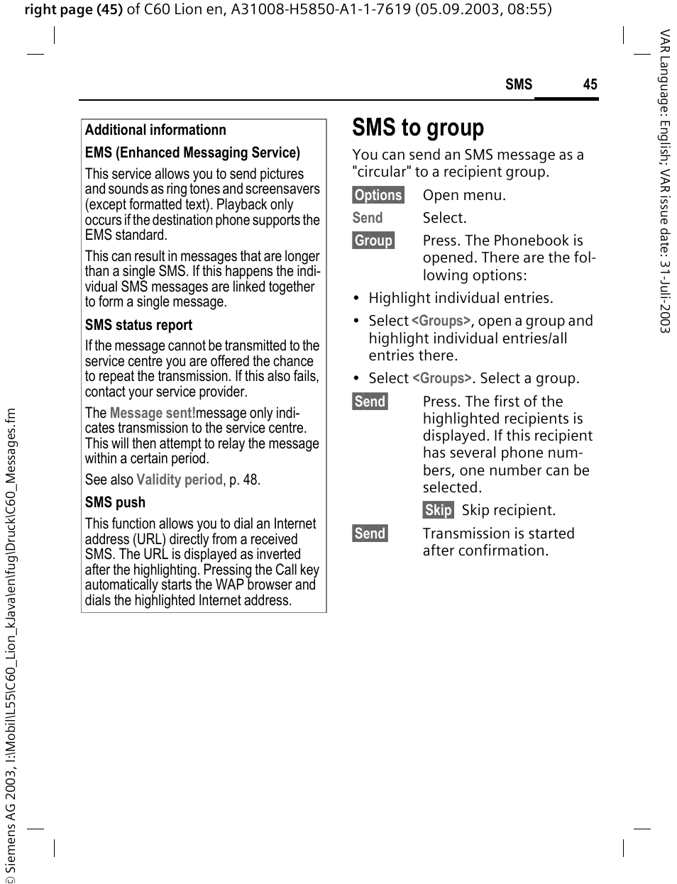 Sms to group, P. 45) | Siemens C60 User Manual | Page 46 / 112