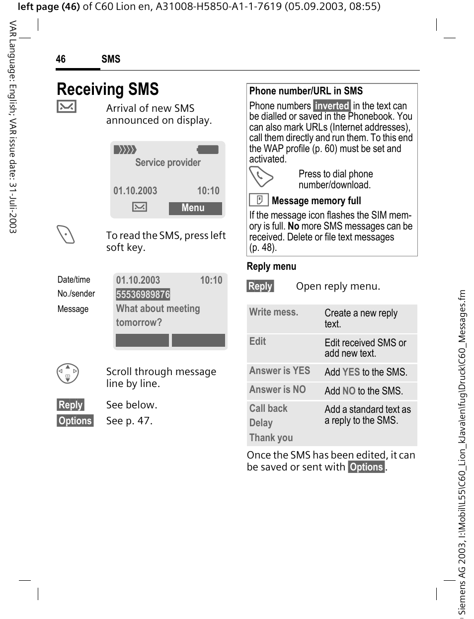 Receiving sms | Siemens C60 User Manual | Page 47 / 112