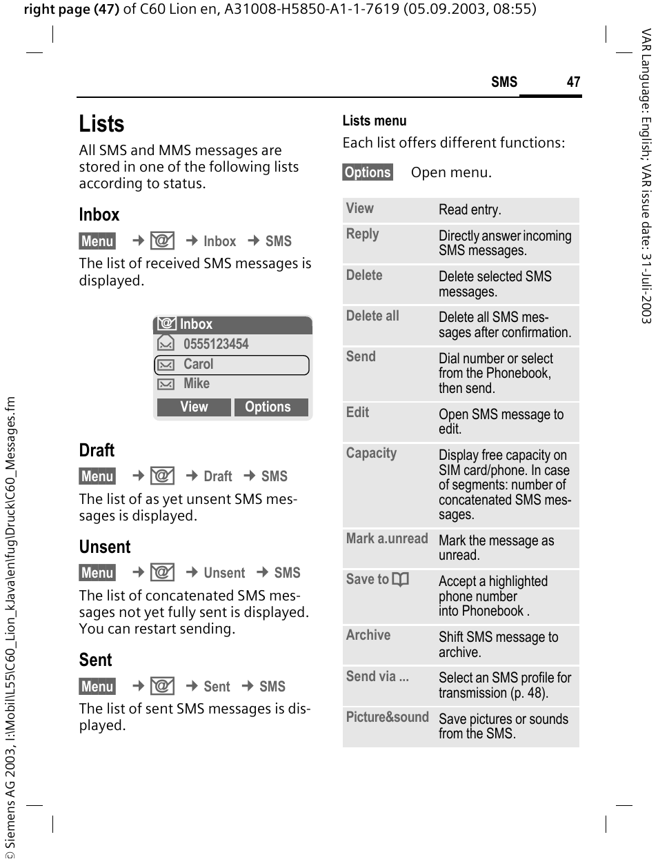 Lists, Inbox, Draft | Unsent, Sent | Siemens C60 User Manual | Page 48 / 112