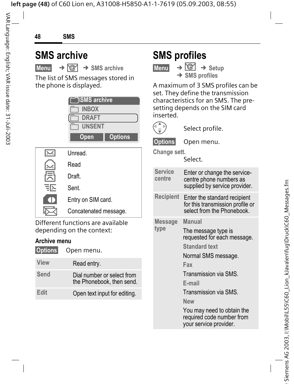 Sms archive, Sms profiles, P. 48) | P. 48 | Siemens C60 User Manual | Page 49 / 112