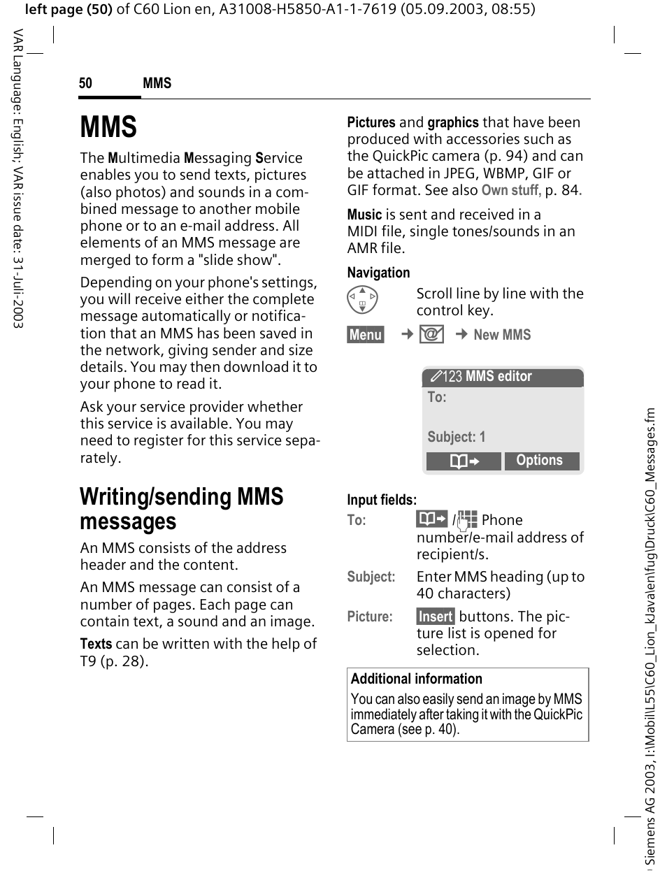 Writing/sending mms messages | Siemens C60 User Manual | Page 51 / 112