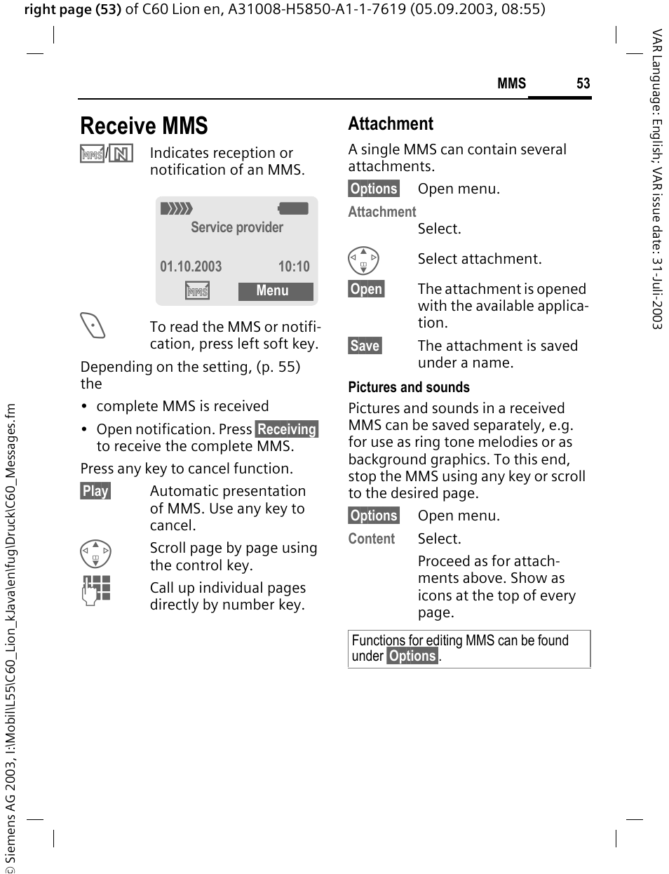 Receive mms, Attachment | Siemens C60 User Manual | Page 54 / 112