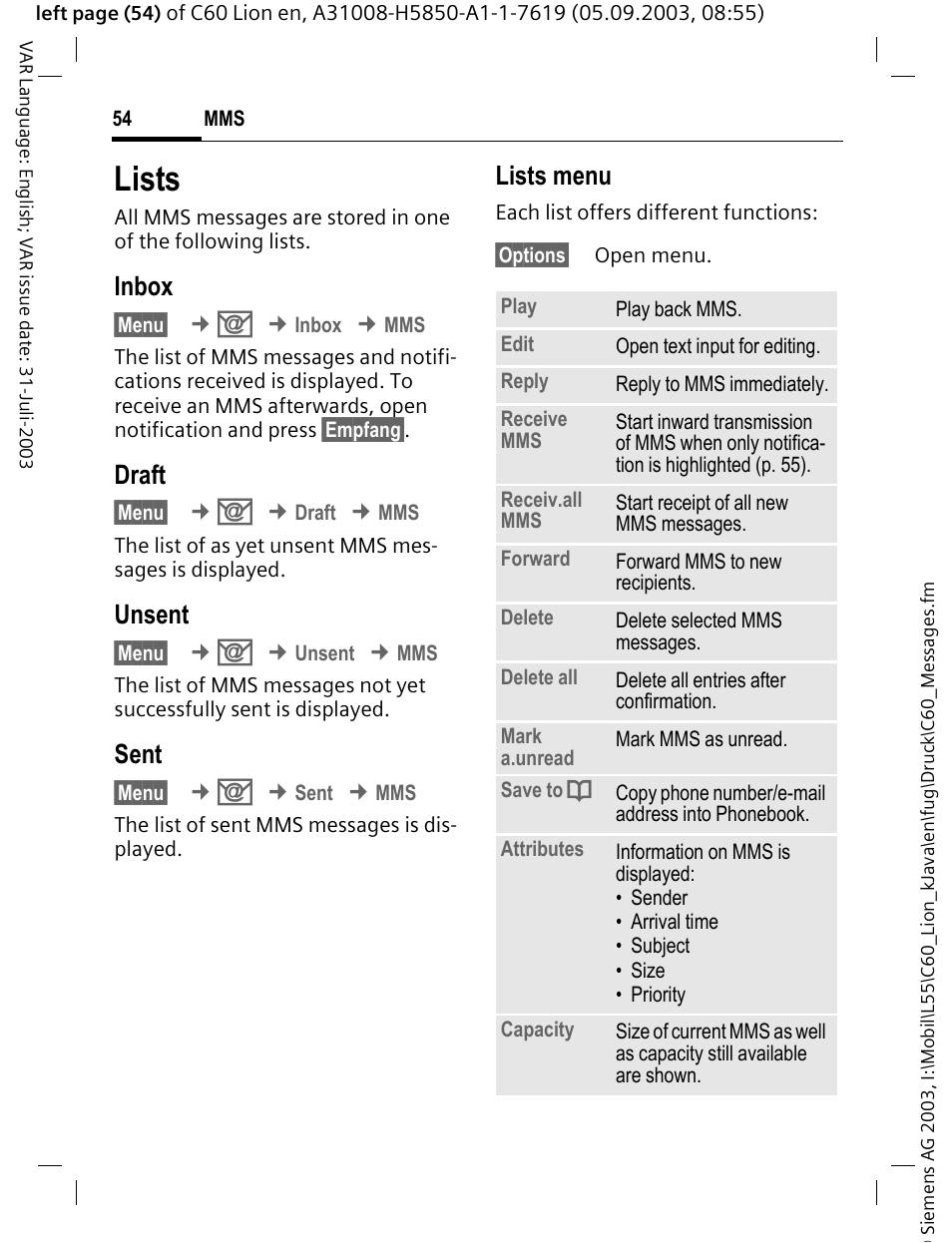 Lists, Inbox, Draft | Unsent, Sent, Lists menu | Siemens C60 User Manual | Page 55 / 112