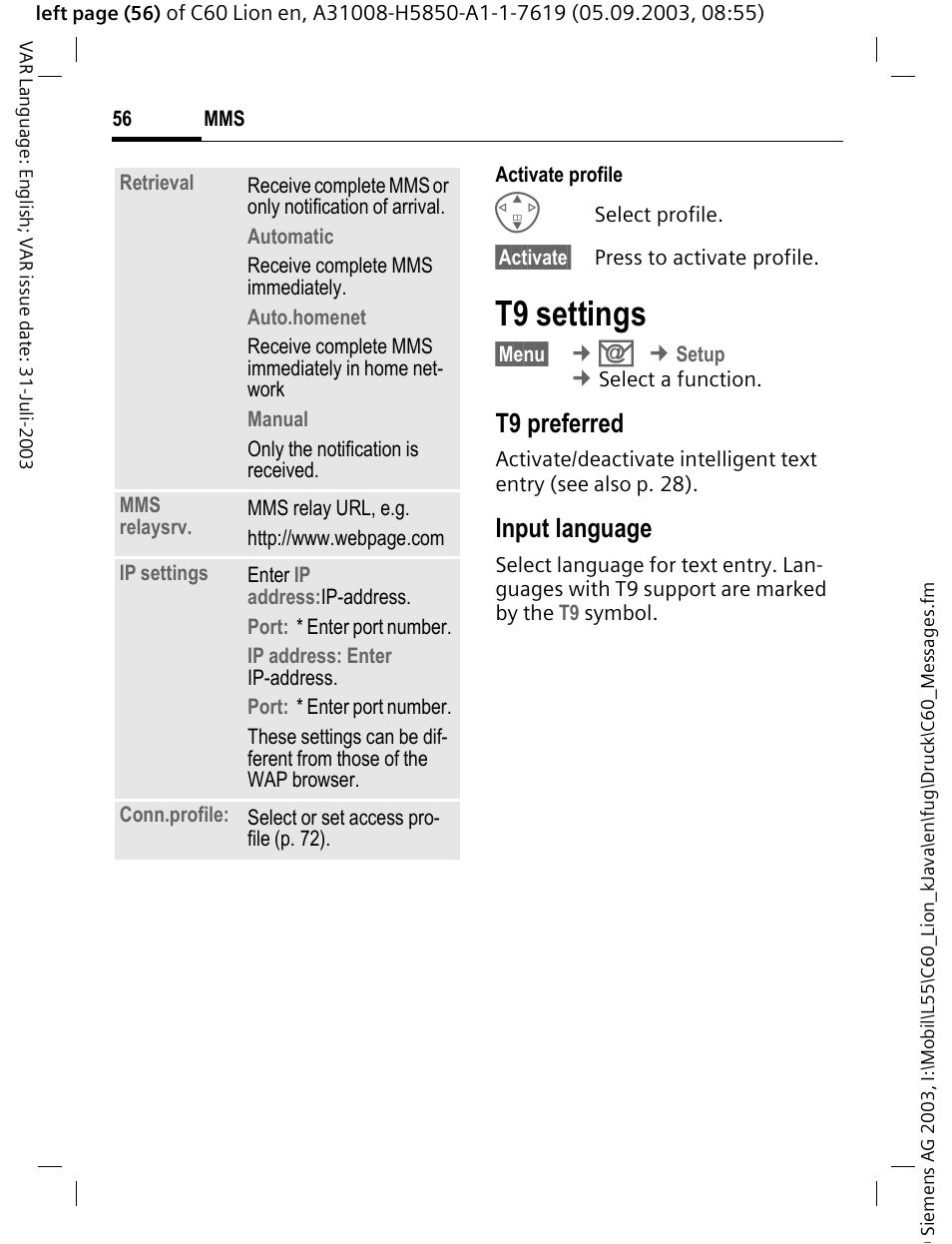 T9 settings, T9 preferred, Input language | Siemens C60 User Manual | Page 57 / 112