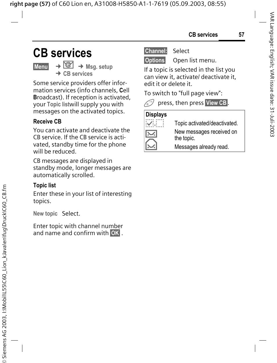 Cb services | Siemens C60 User Manual | Page 58 / 112