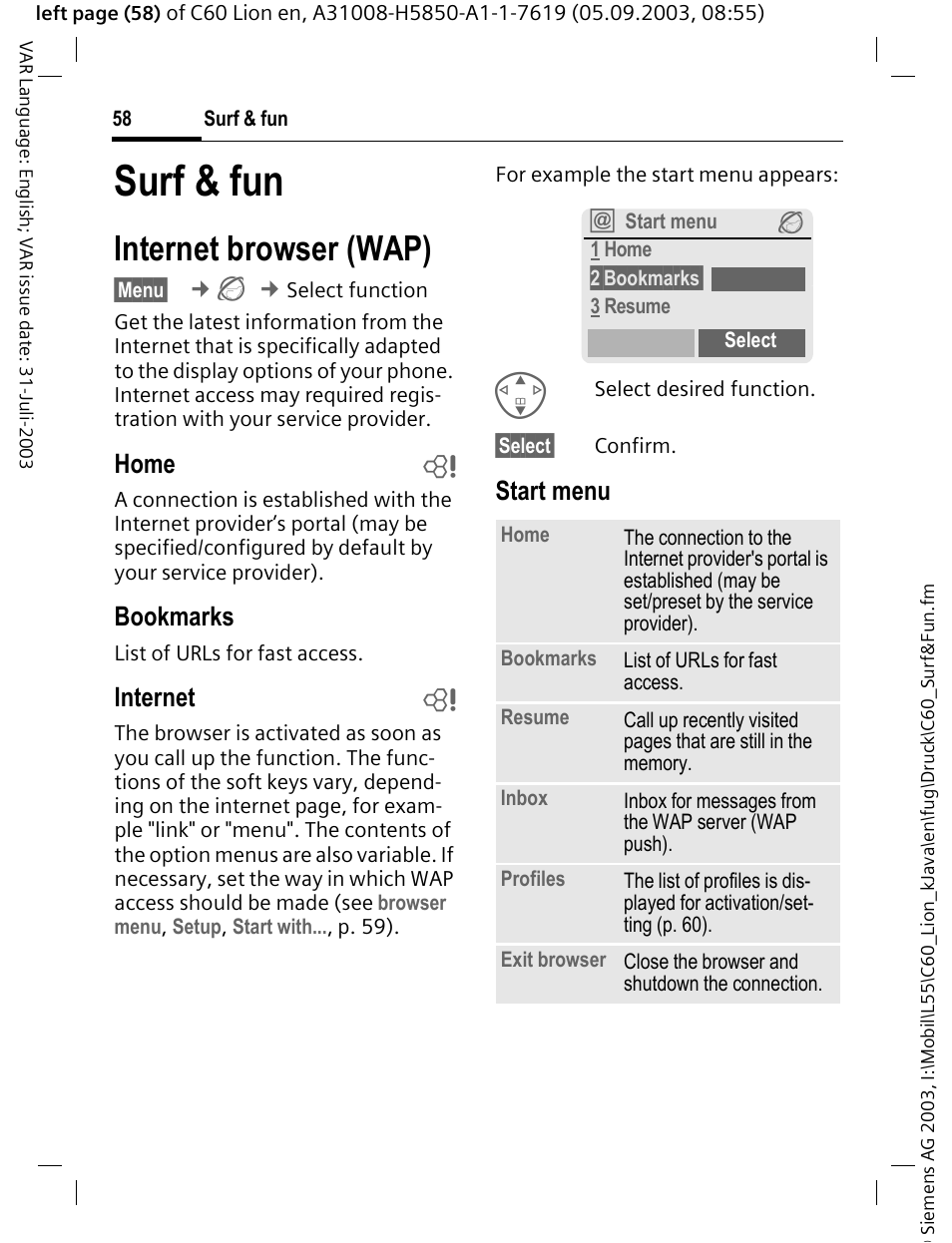 Surf & fun, Internet browser (wap), Home b | Bookmarks, Internet b, Start menu | Siemens C60 User Manual | Page 59 / 112