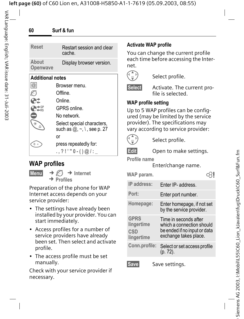 Wap profiles | Siemens C60 User Manual | Page 61 / 112