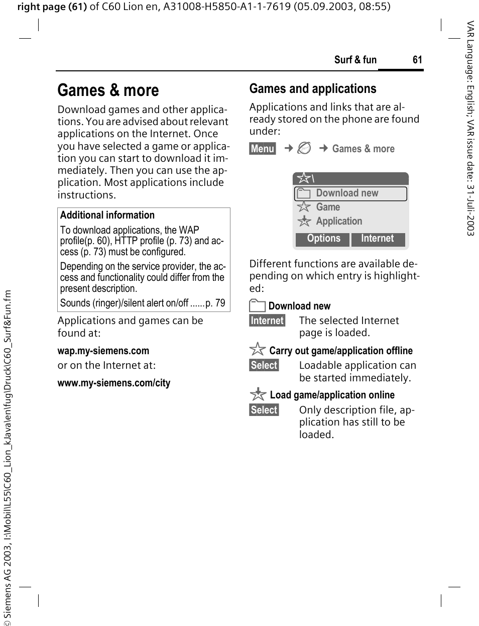 Games & more, Games and applications | Siemens C60 User Manual | Page 62 / 112