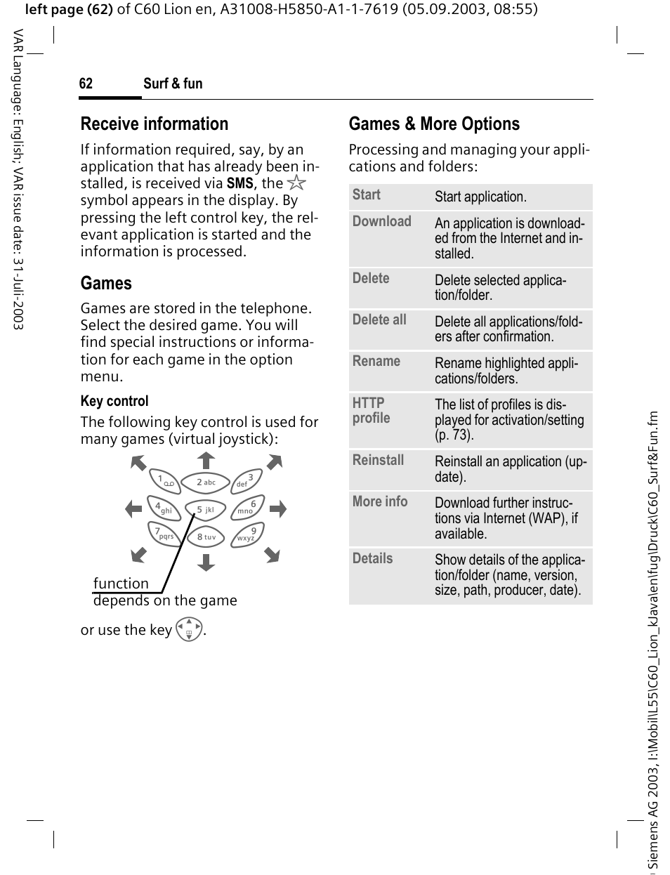 Receive information, Games, Games & more options | Siemens C60 User Manual | Page 63 / 112