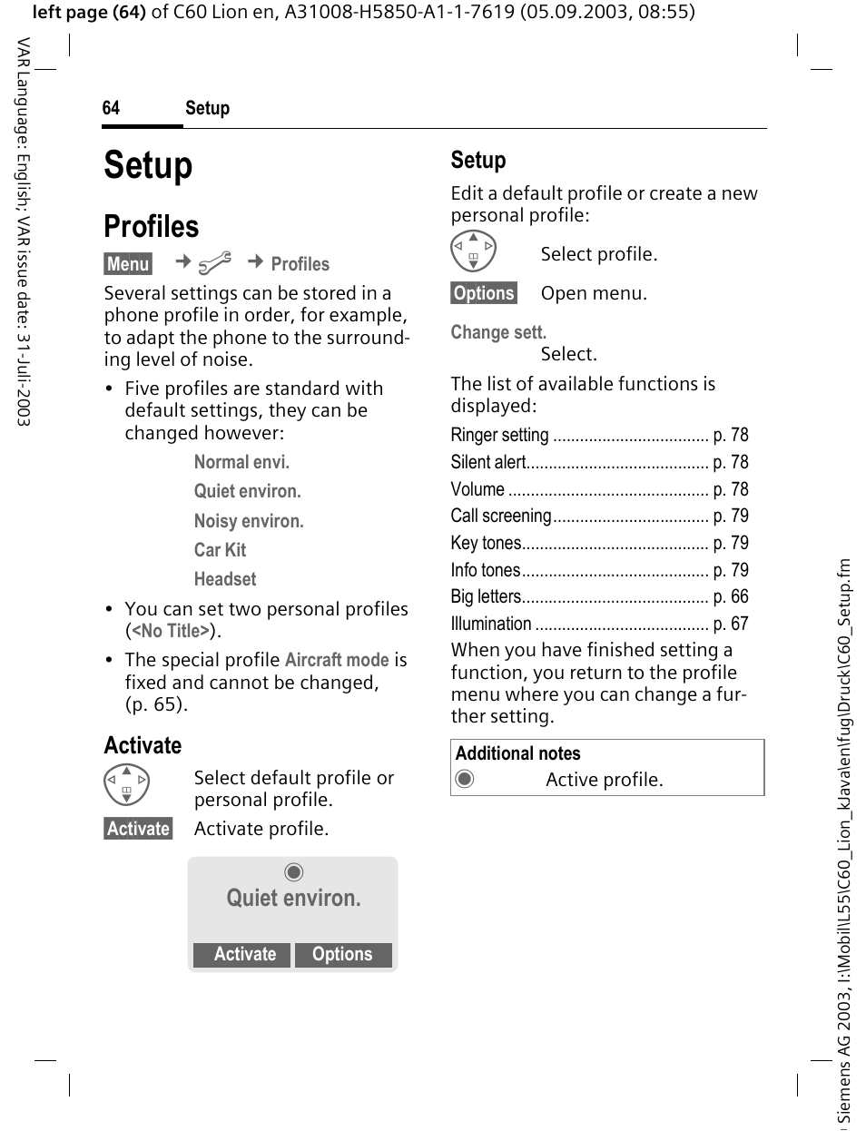 Setup, Profiles, Activate | Quiet environ | Siemens C60 User Manual | Page 65 / 112