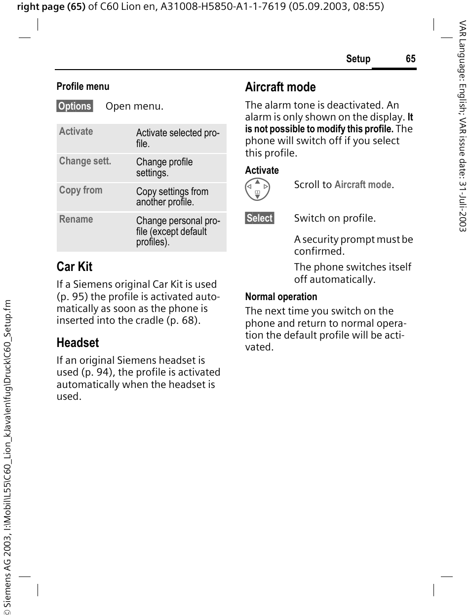 P. 65), Car kit, Headset | Aircraft mode | Siemens C60 User Manual | Page 66 / 112