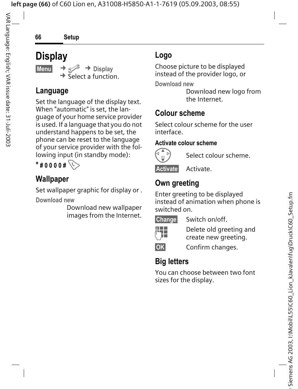Display, G (p. 66), P. 66) | Llpaper image (p. 66), Stem (p. 66), Big letters, P. 66, Language, Wallpaper, Logo | Siemens C60 User Manual | Page 67 / 112