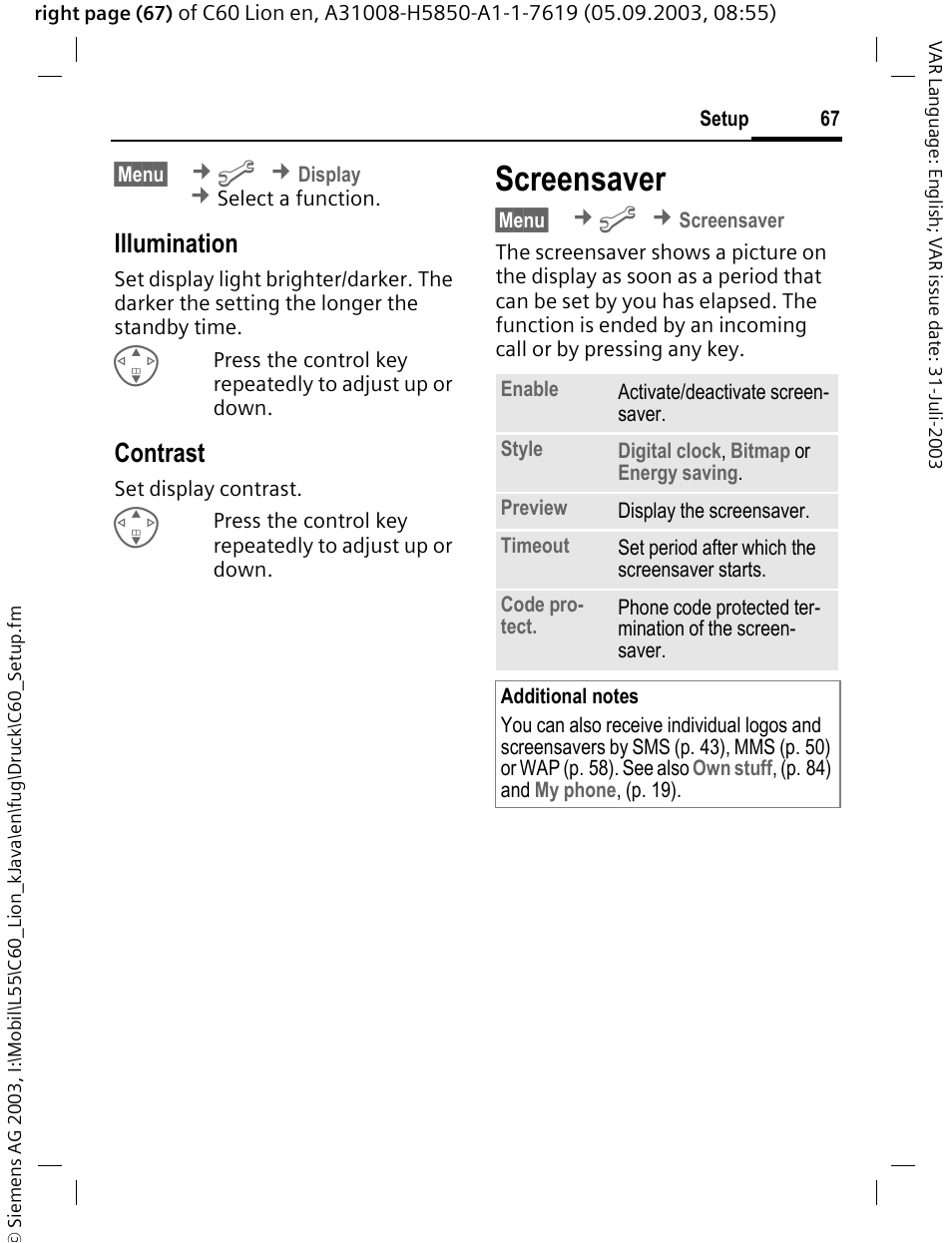Screensaver, P. 67, E (p. 67) | Illumination, Contrast | Siemens C60 User Manual | Page 68 / 112