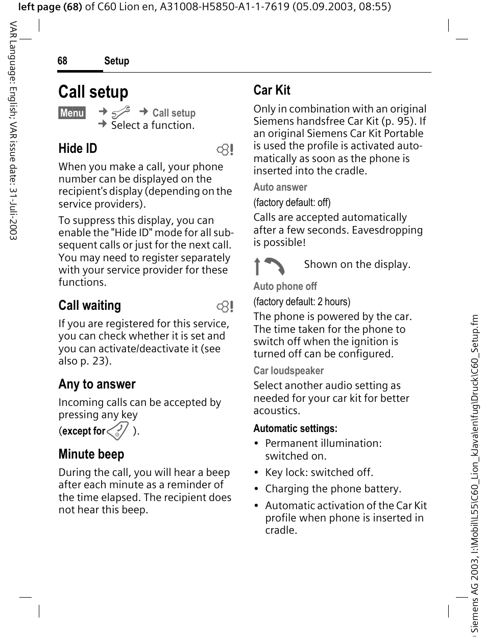 Call setup, P. 68, Hide id b | Call waiting b, Any to answer, Minute beep, Car kit | Siemens C60 User Manual | Page 69 / 112