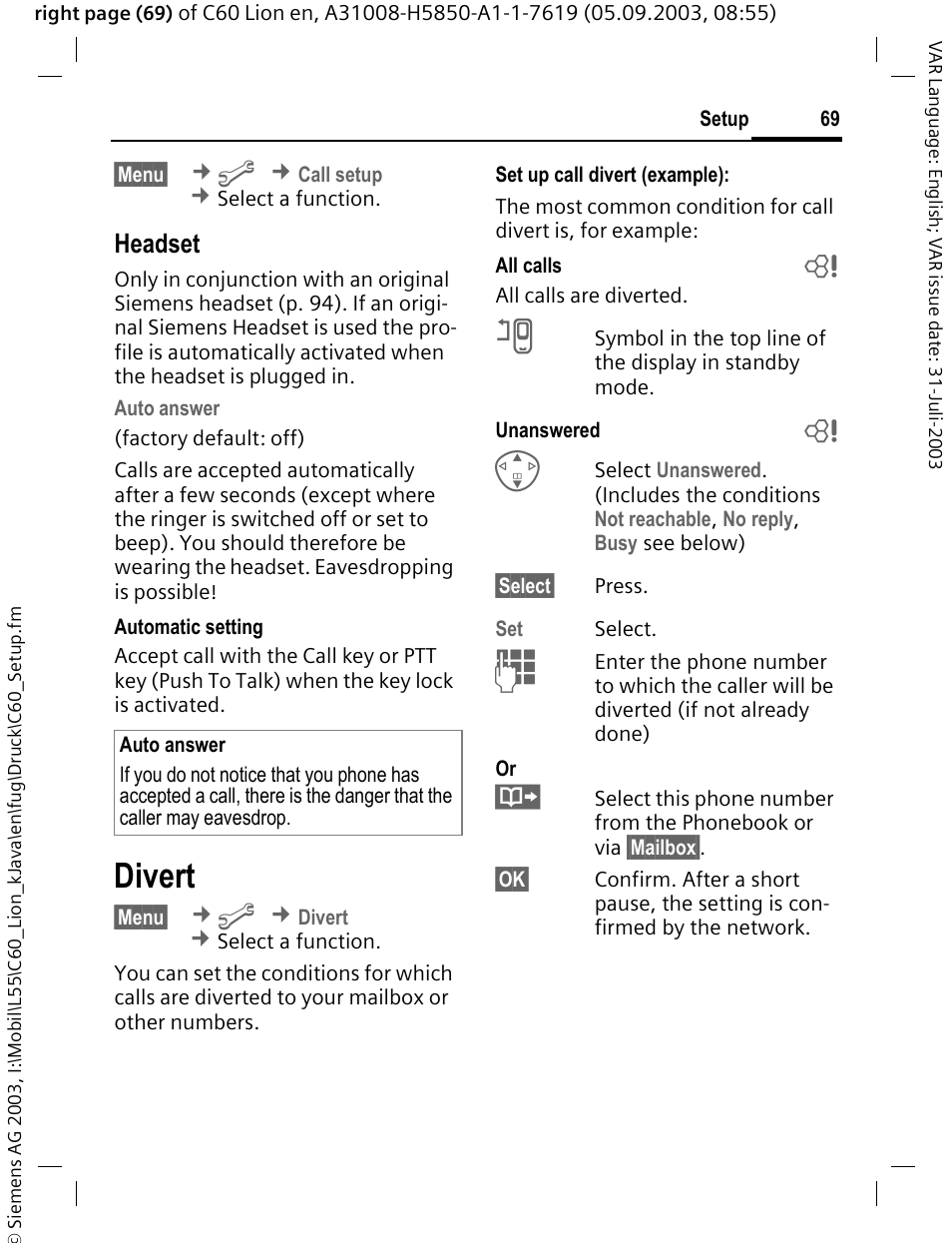 Divert, P. 69, P. 69) | Headset | Siemens C60 User Manual | Page 70 / 112