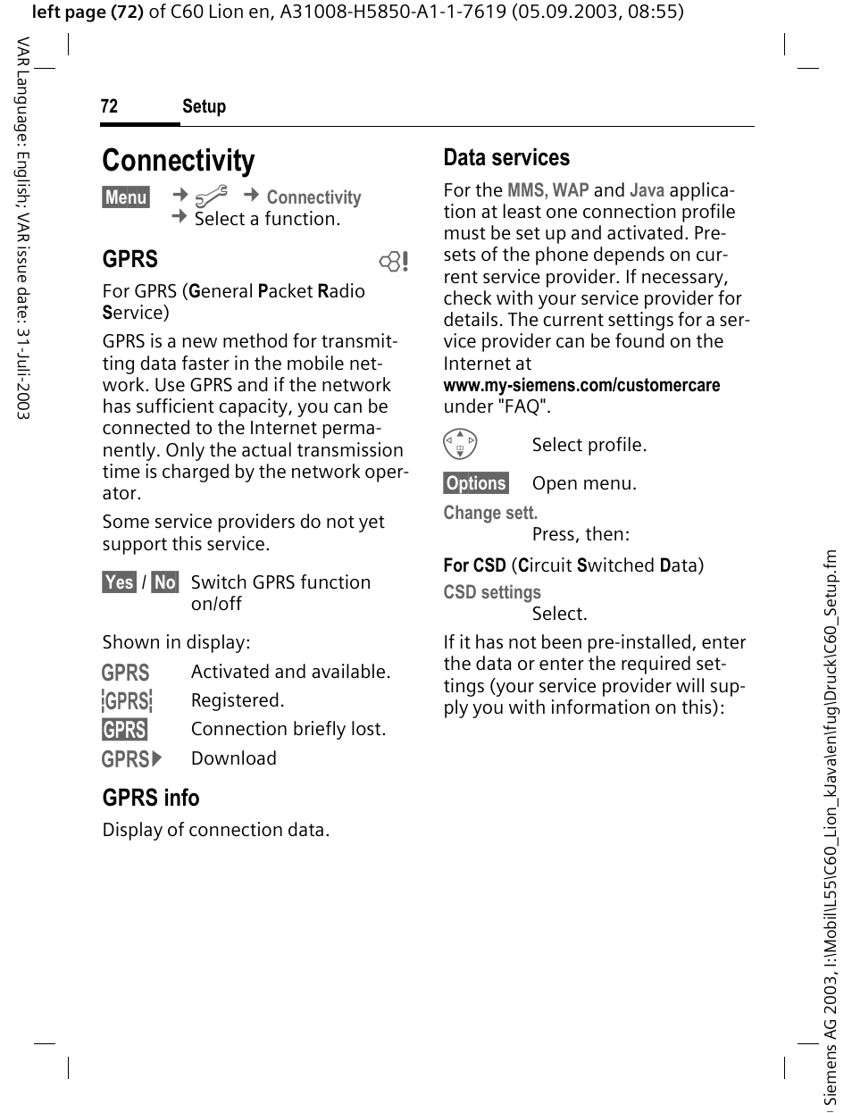 Connectivity, Gprs b, Gprs info | Data services | Siemens C60 User Manual | Page 73 / 112